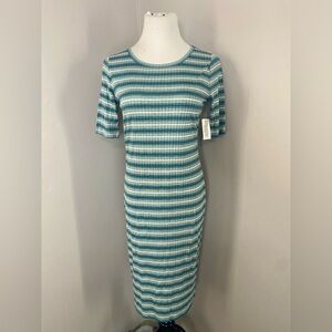 LuLaRoe Julia Dress Blue Striped Pattern Midi Form Fitting